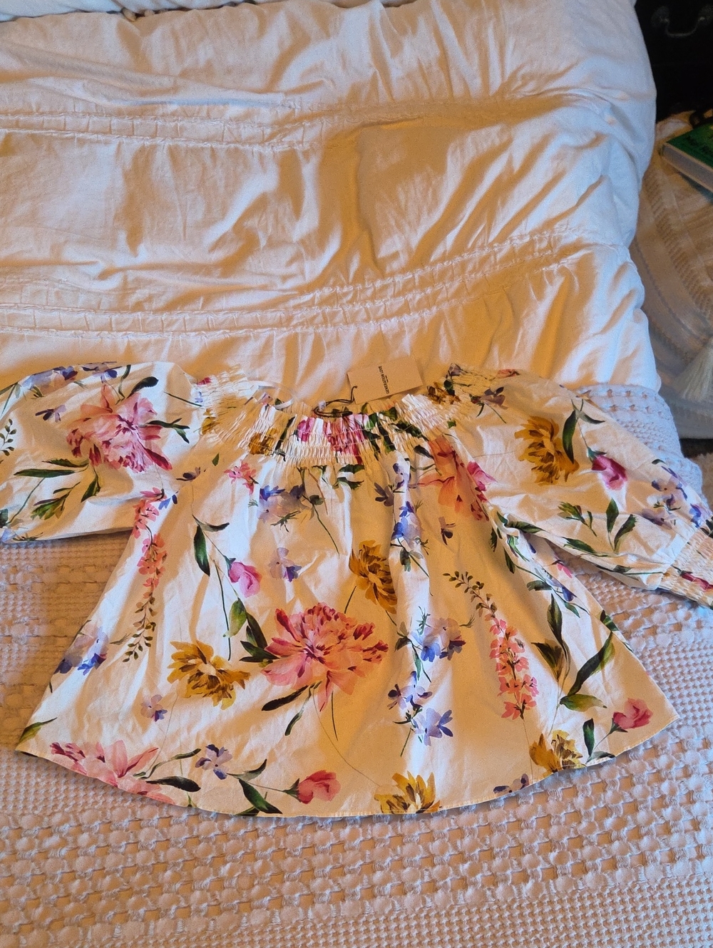 Generation Love White Off-Shoulder Floral Blouse with Pink & Yellow Blooms